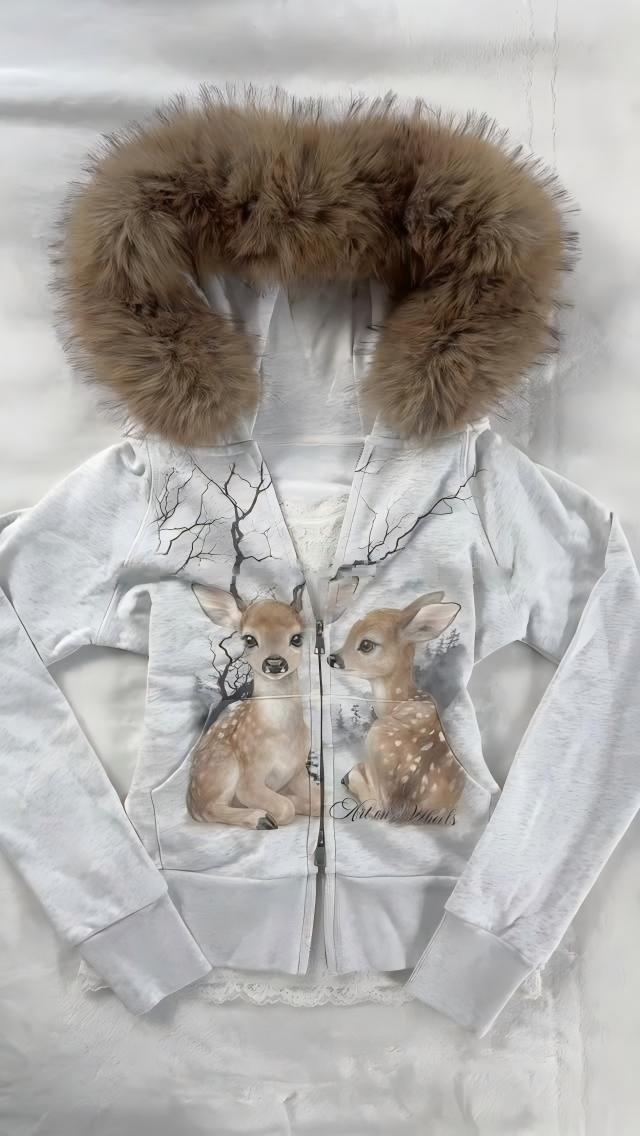 Embroidery Zip Up Hoodie - كارديجان مفتوح بقلنسوة مبطن بالفرو بطبعة