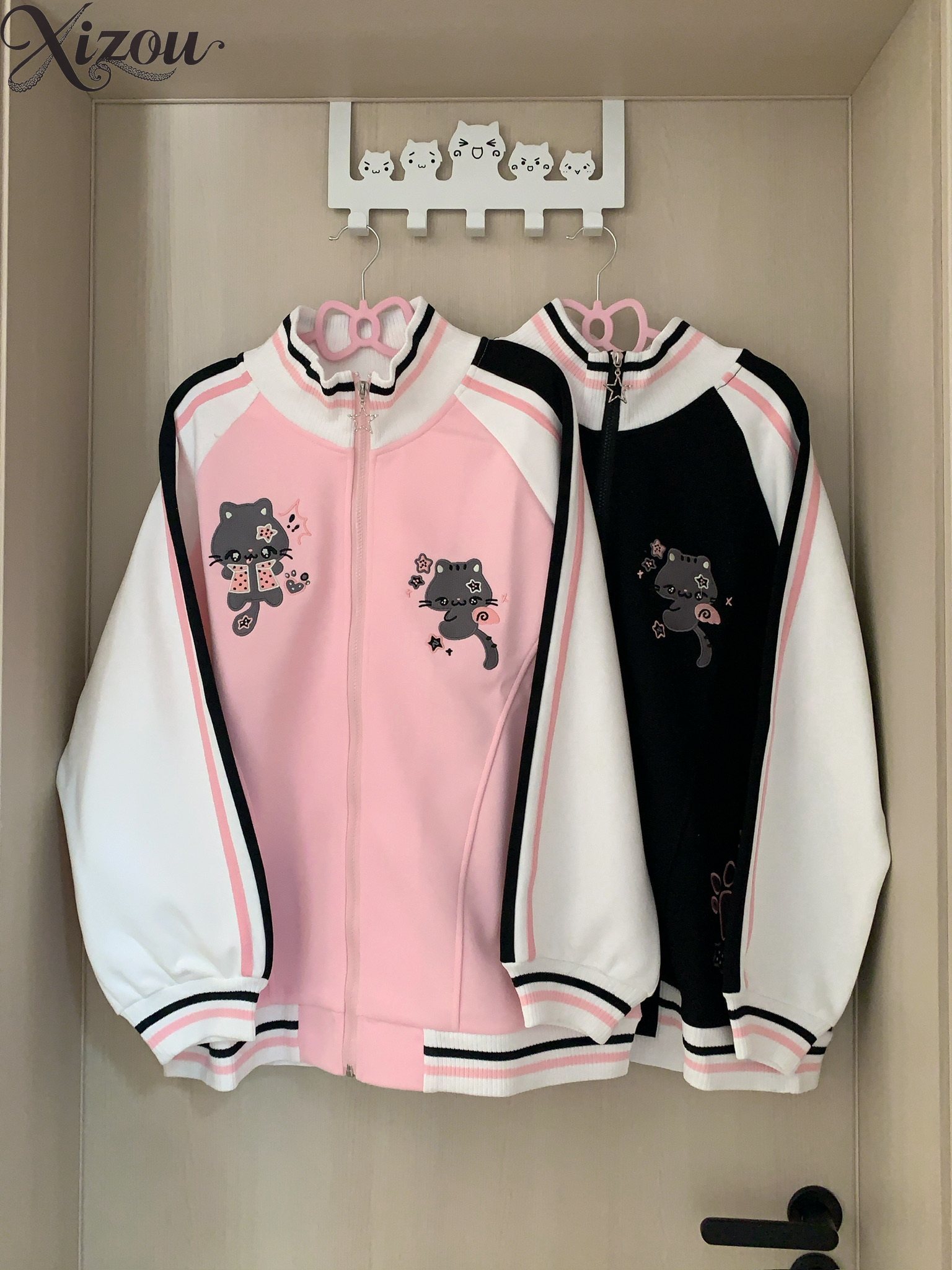 Embroidery Zip Up Hoodie - هودي بتصميم قطة لطيفة من هاراجوكو،