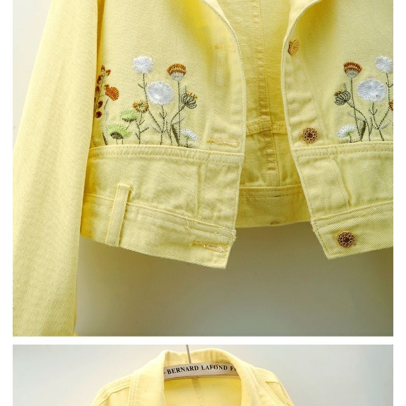 Embroidery Yellow Flower - جاكيت دنيم قصير للسيدات مطرز بالزهور