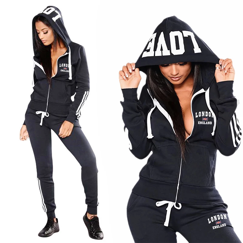 Embroidery Zip Up Hoodie - بدلة رياضية نسائية كاجوال يومية عالية