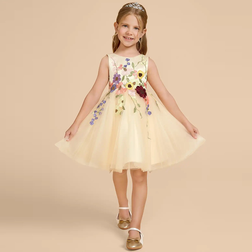 Embroidery Yellow Flower - فساتين فتيات الزهور المصنوعة من التول