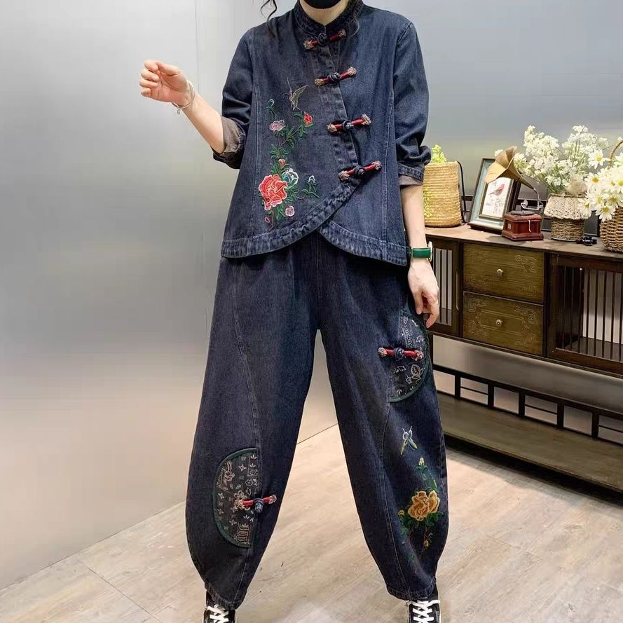 خمر زر فضفاض مطرز زهرة الدنيم  - مراجعة Embroidery Jeans وسعره