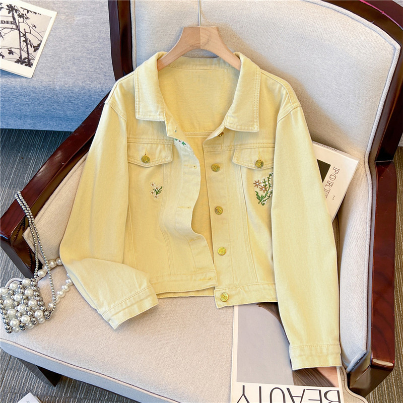 جاكيت جينز نسائي قصير أصفر بتط - مراجعة Embroidery Yellow Flower وسعره