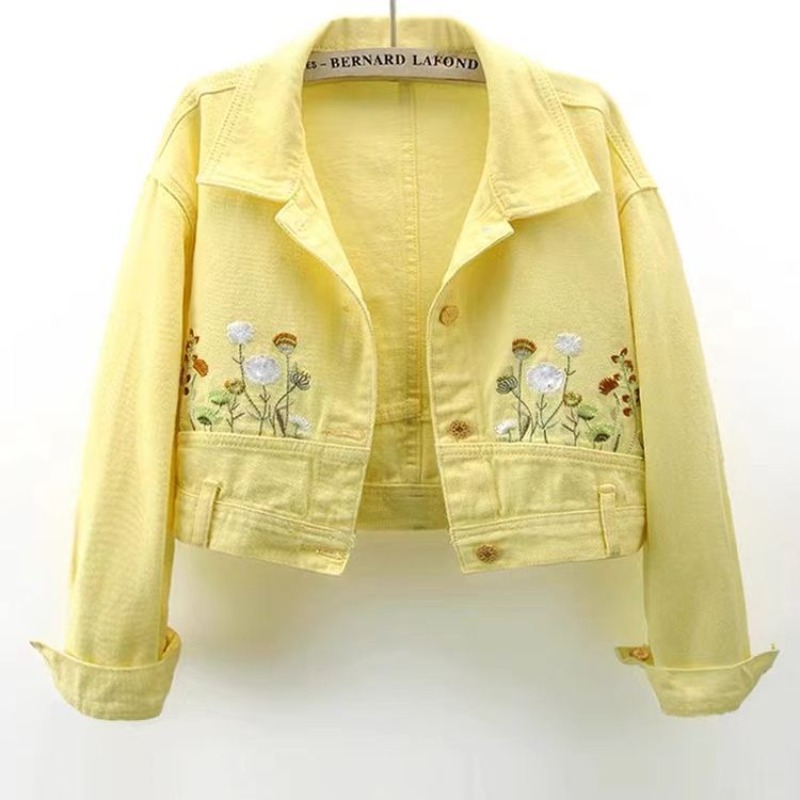 جاكيت دنيم قصير للسيدات مطرز ب - مراجعة Embroidery Yellow Flower وسعره