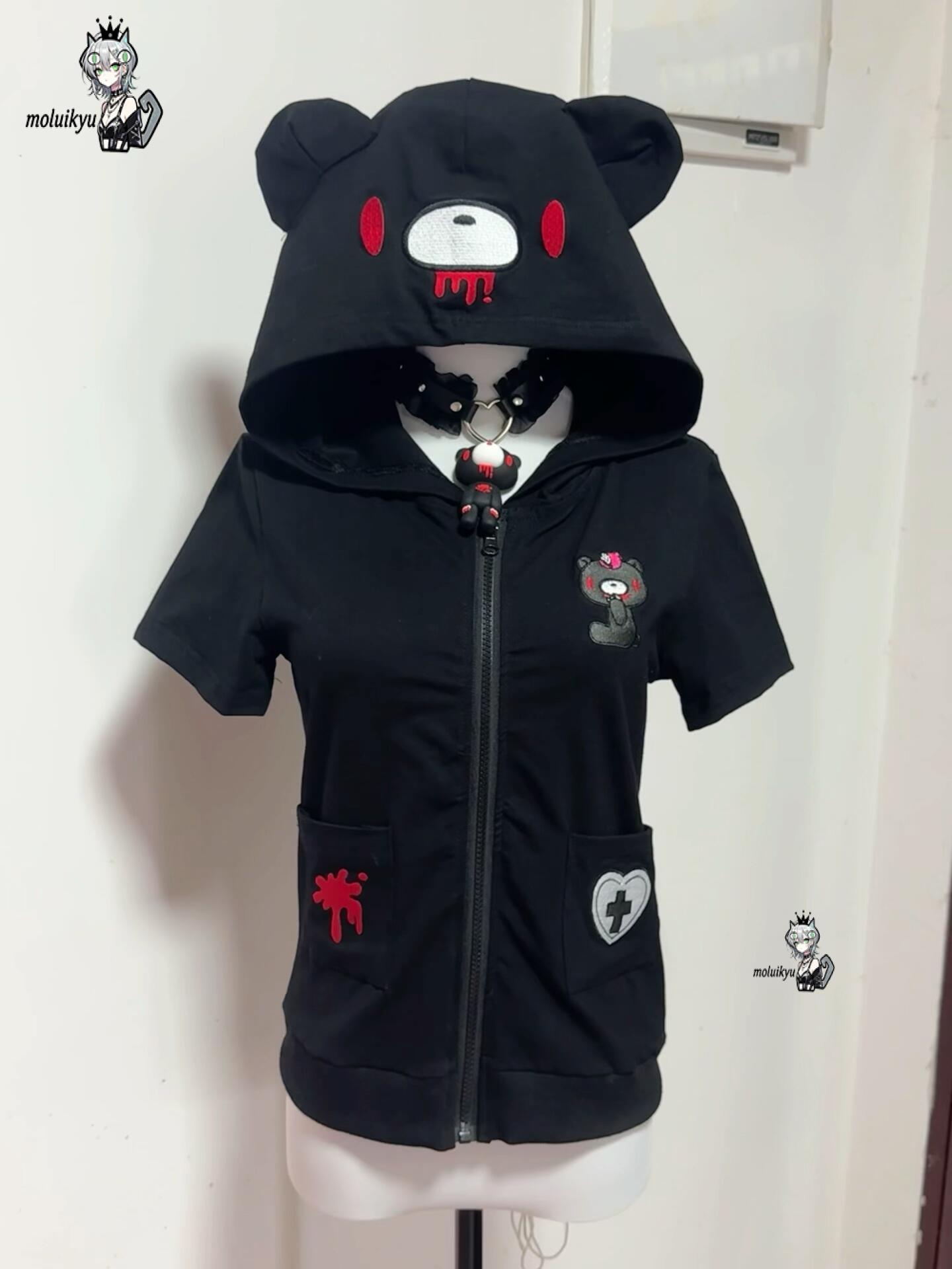 هودي كاوايي أنمي بأكمام قصيرة  - مراجعة Embroidery Zip Up Hoodie وسعره